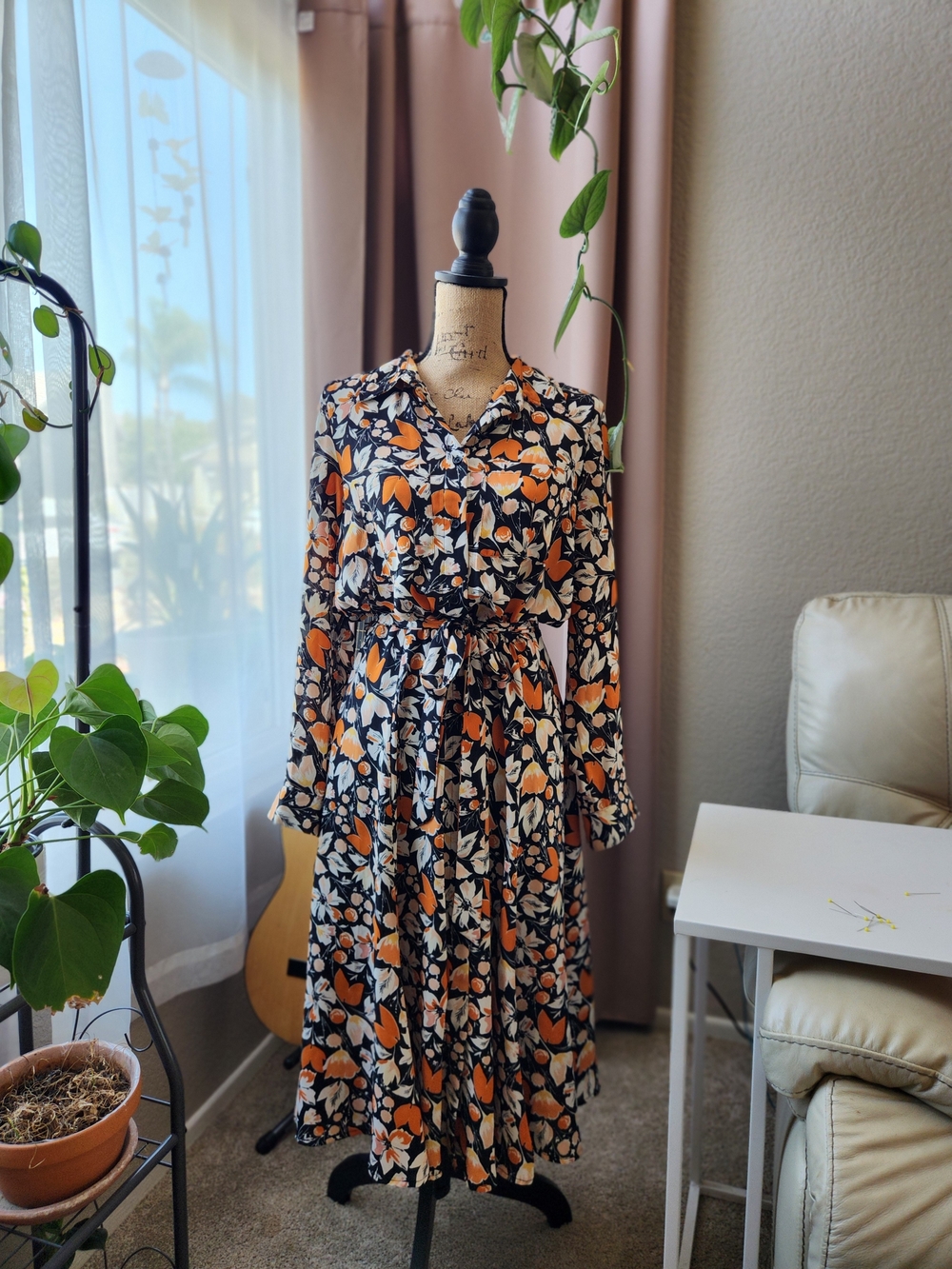 Who What Wear Black Floral Long-Sleeve Midi Dress with Orange and Cream Accents